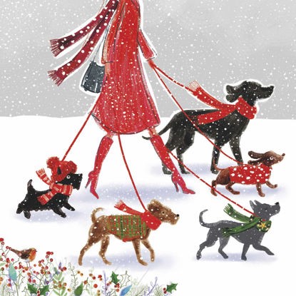 A Christmas card showing dogwalking in the snow