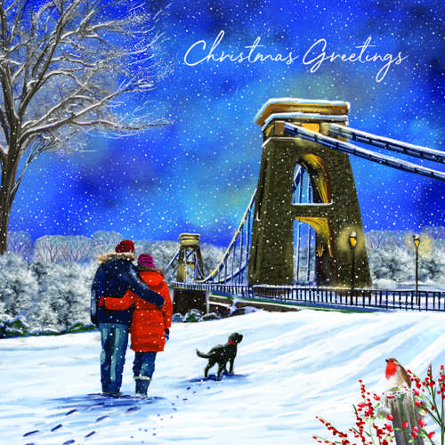 Christmas card with the snowy Suspension Bridge