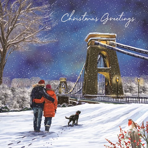 Christmas card with the snowy Suspension Bridge